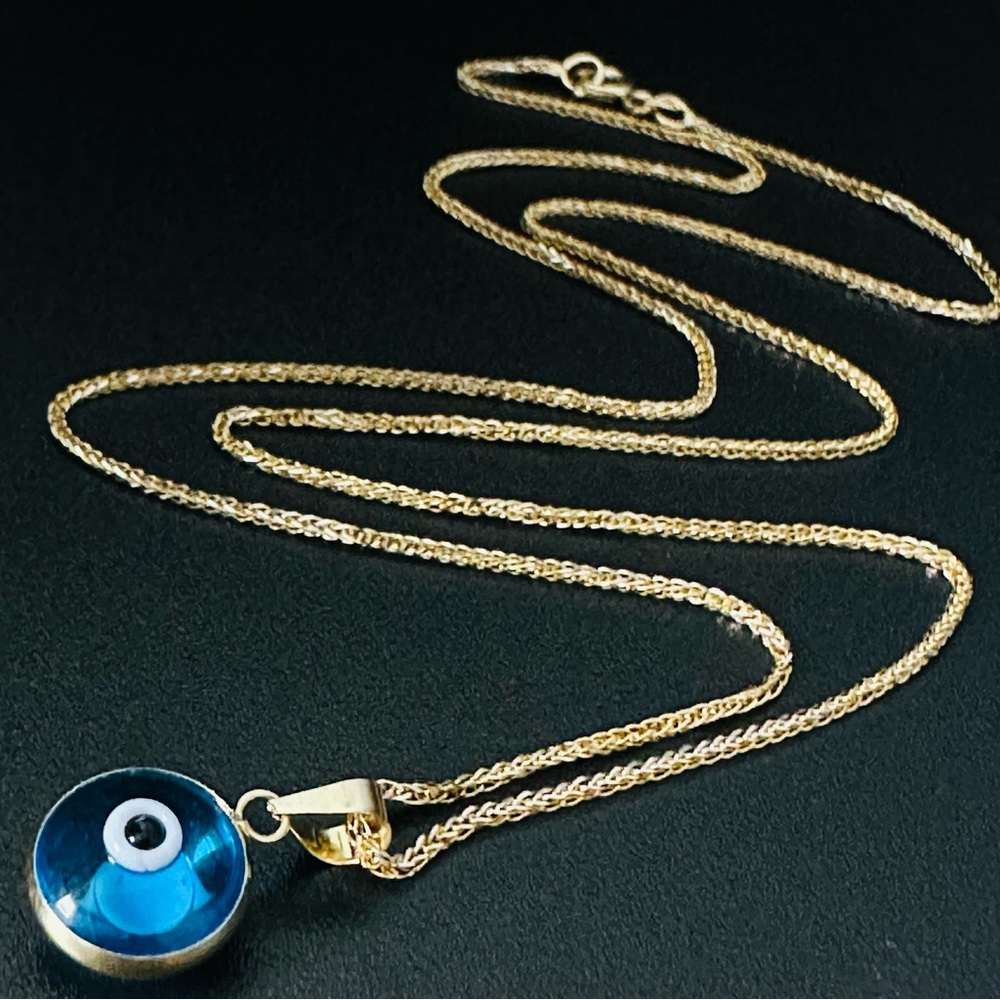 18”14K Gold Spiga Solid Chain & 14K Gold evil eye beaded pendant. ( 2 piece) - Picture 4 of 17